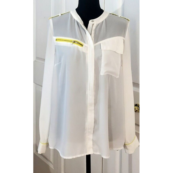 ROMEO & JULIET COUTURE SZ M White Sheer Blouse Zip pocket Shirt Full Zip Top EUC - Picture 1 of 8